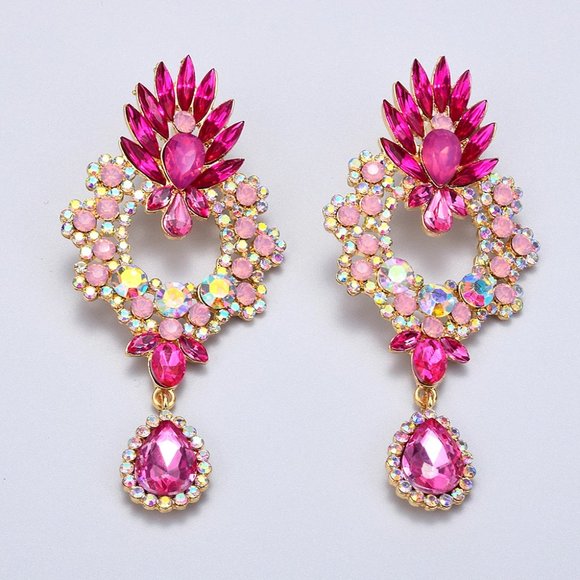 Pink Crystal Chandelier Statement Earrings with AB Crystal Accent Stones - Picture 2 of 4